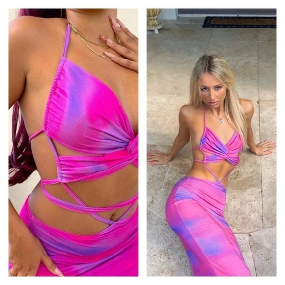 I.AM.GIA Pink Purple Cloud Print Karlie Cutout Halter Bodycon Maxi Dress S Sexy - Picture 9 of 16